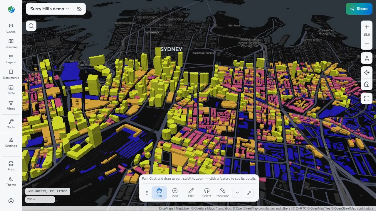 Sydney buildings extruded in 3D and coloured by floor count on a dark basemap