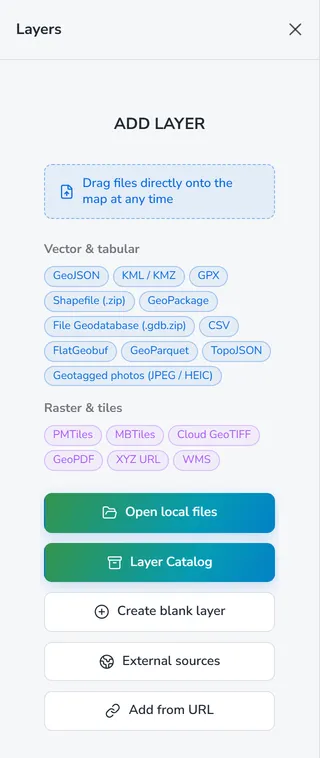 The Add layer panel, listing vector, tabular, raster and tile formats
