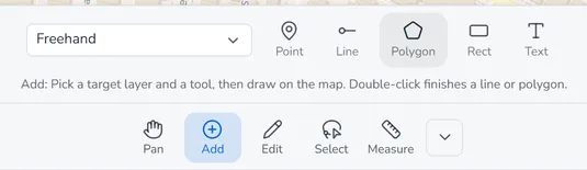 The Add tools in the bottom tool rail, with Polygon selected and the target-layer picker on the left