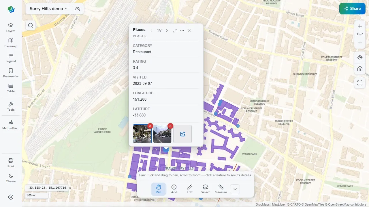 A feature popup with attached photos