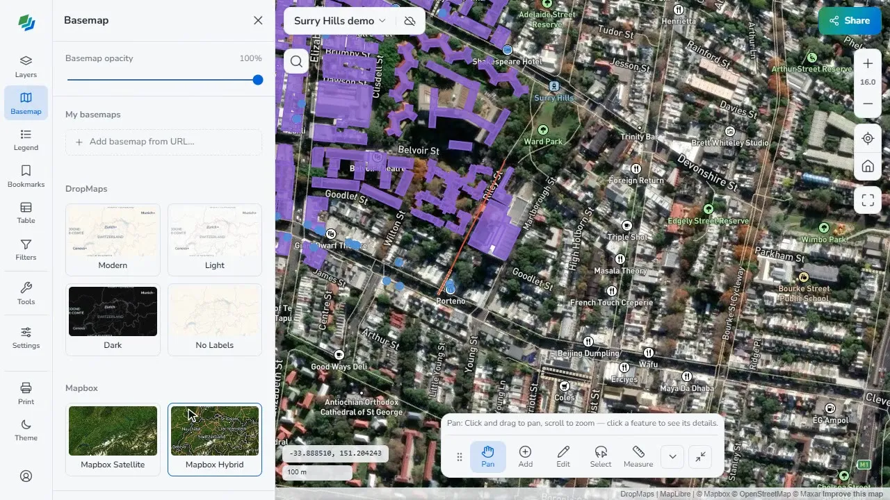 The Basemap panel with a satellite hybrid basemap under the layers