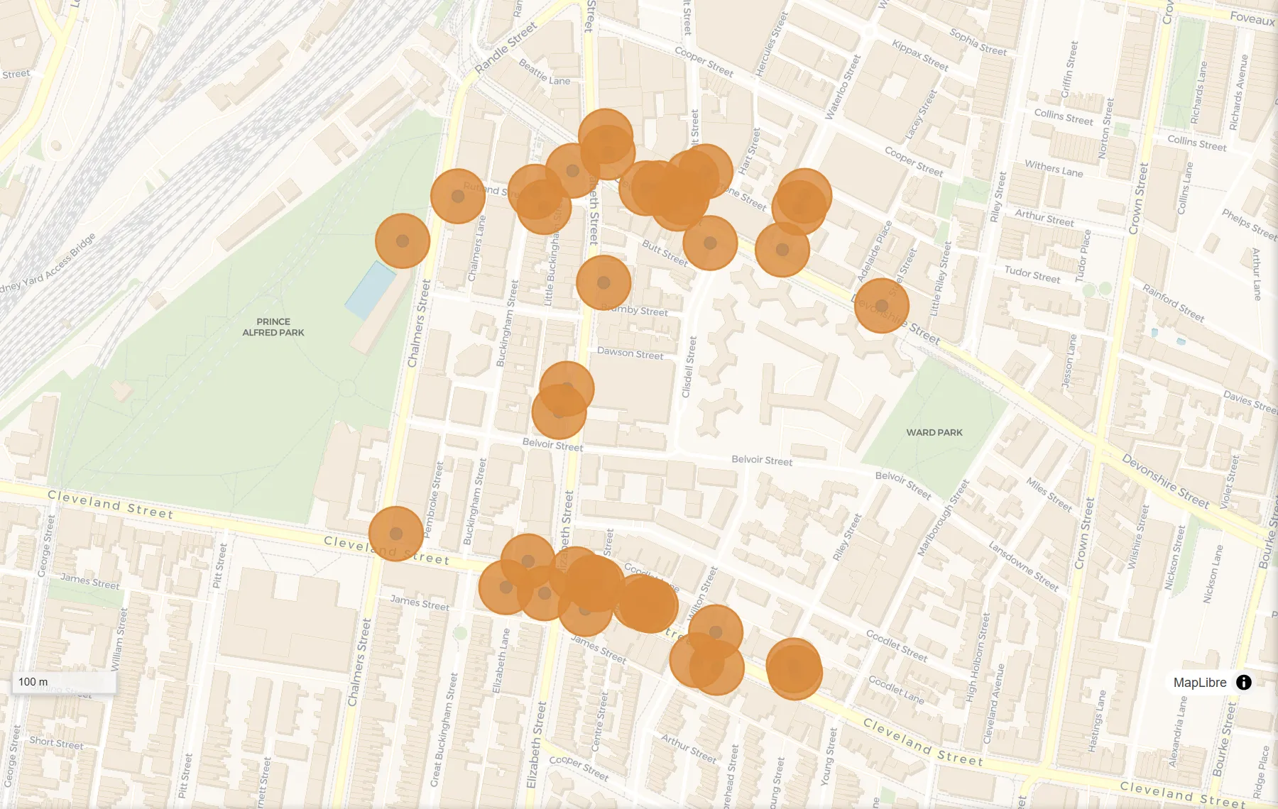 Buffer, after: A 25 m zone drawn around each one.