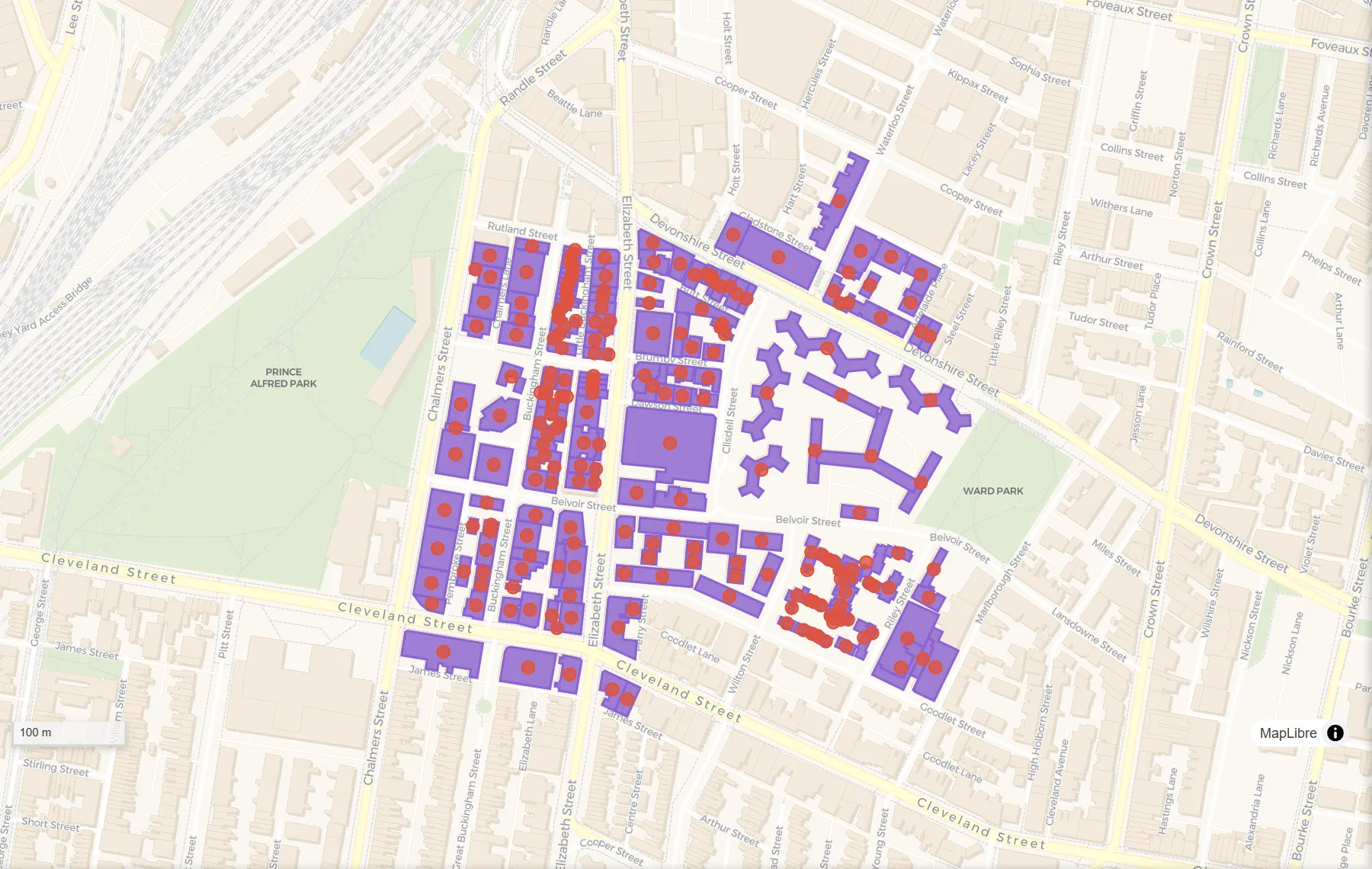 Centroids, after: A point at the centre of each building.