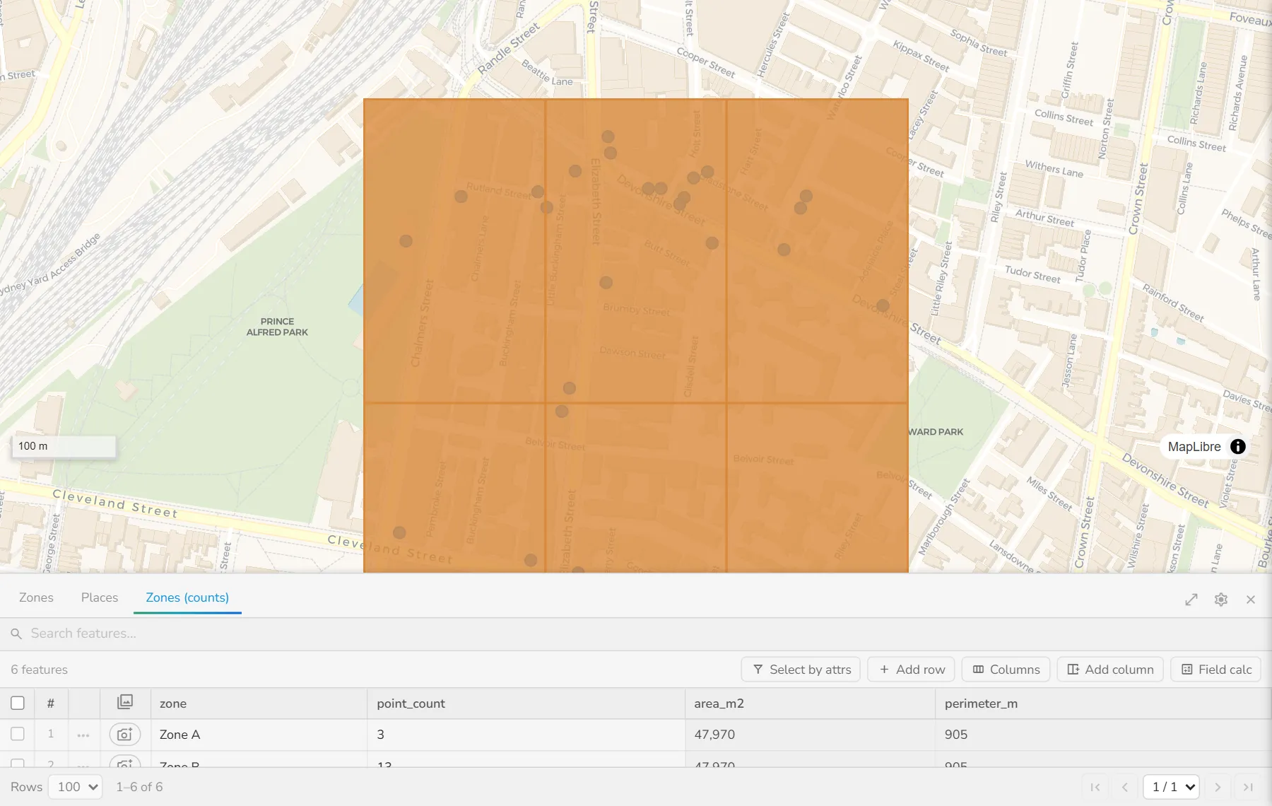 Count points in polygons, after: Each zone gets a point_count column: how many places fall inside it.