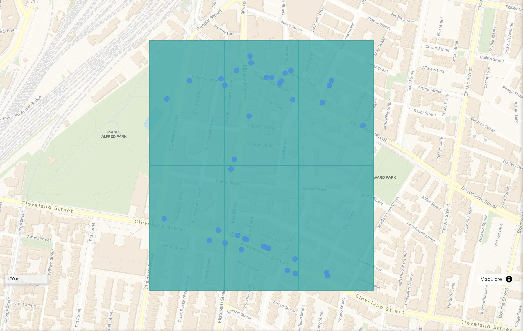 Count points in polygons, before: Six zones (areas) and a layer of places (points).