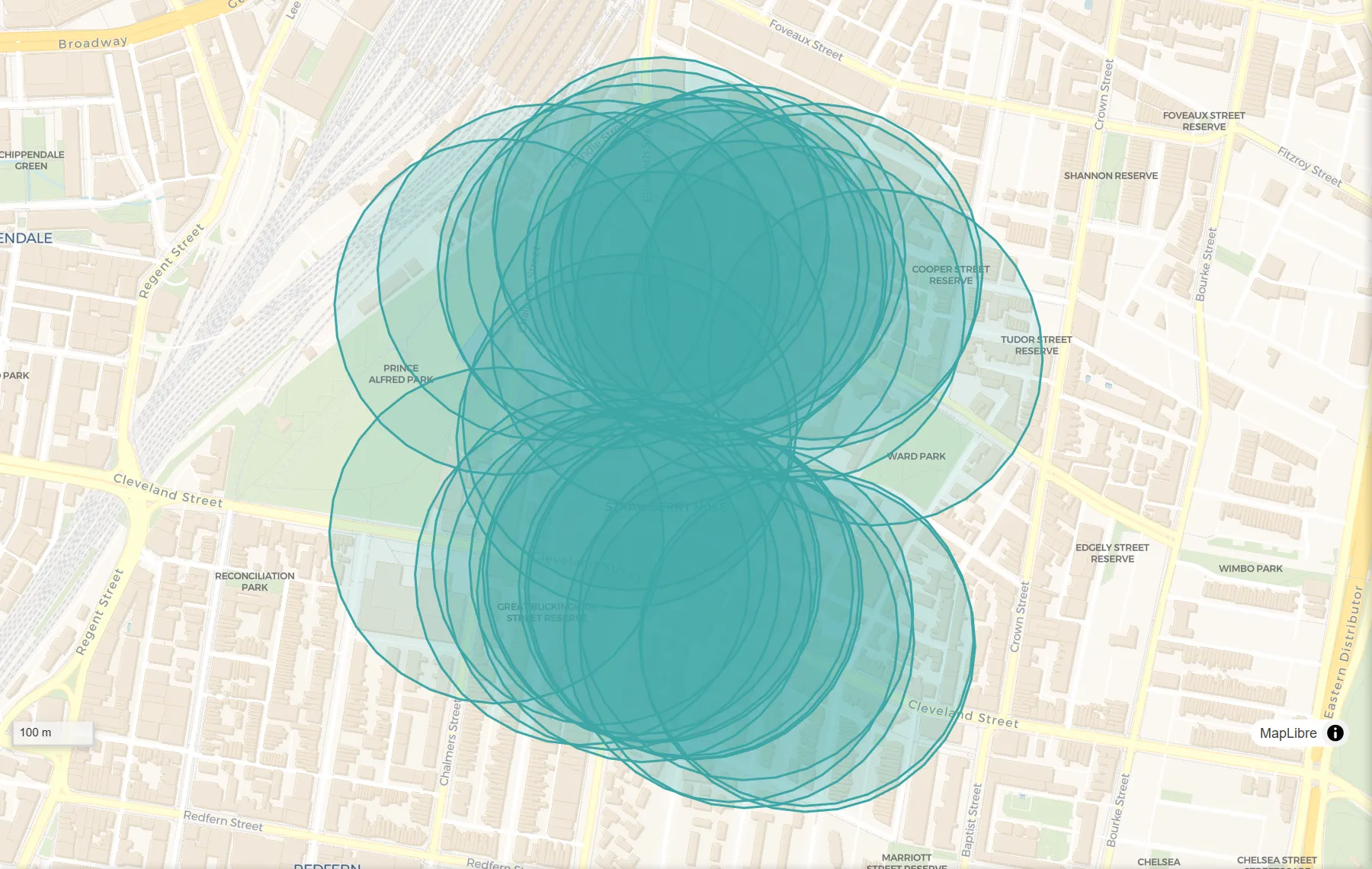 Dissolve, before: A 200 m circle around every place: dozens of overlapping shapes.