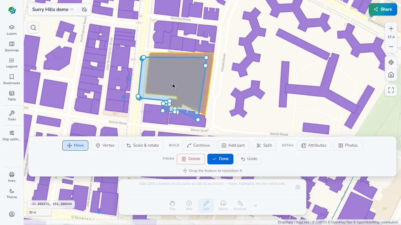 Reshaping a building polygon with the geometry edit tools