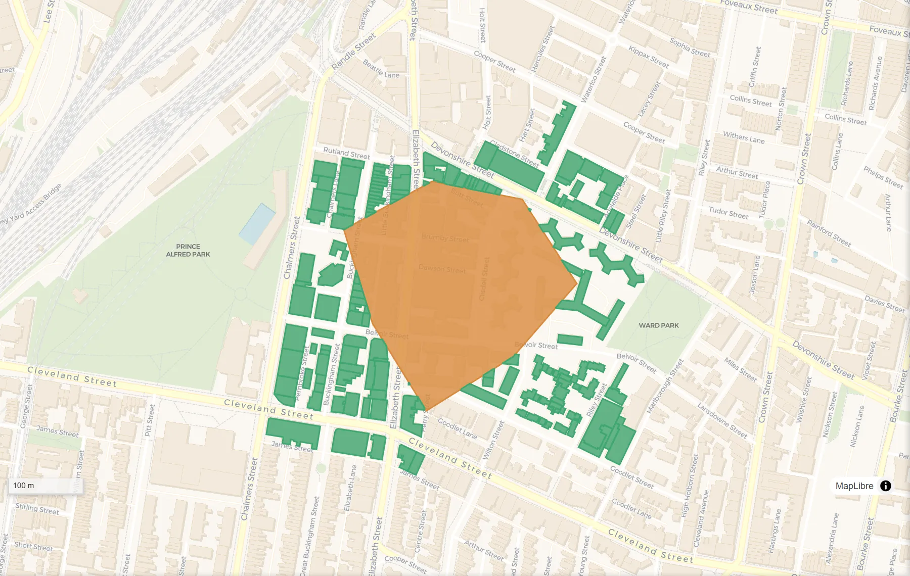 Erase, after: Erased: the study area is cut out and only the buildings outside it are left.
