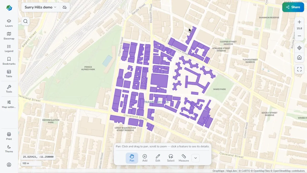 Dropped GeoJSON layers of buildings, places and a walking route on the map