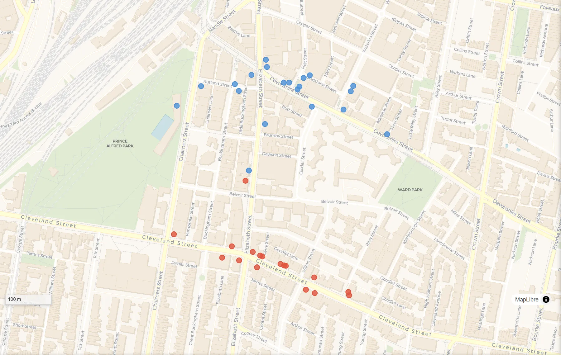 Merge layers, before: Two files: places in the north (blue) and the south (red).