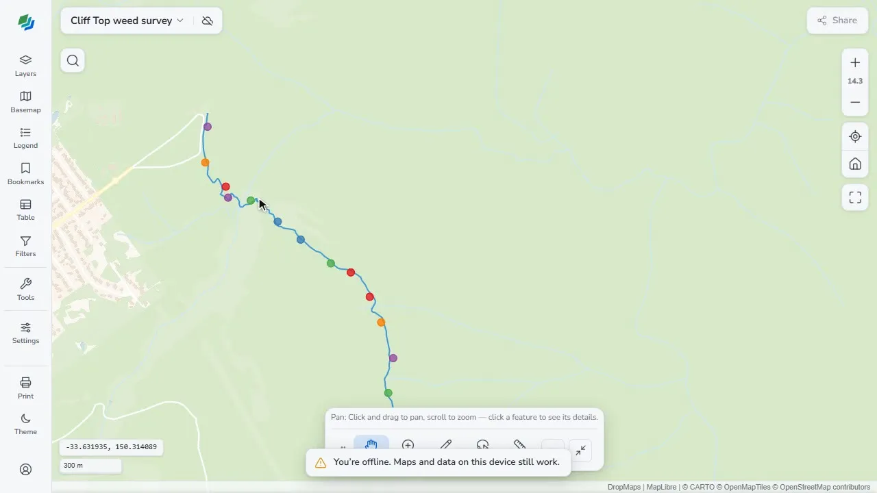 A weed survey along a bush track, recorded with no connection