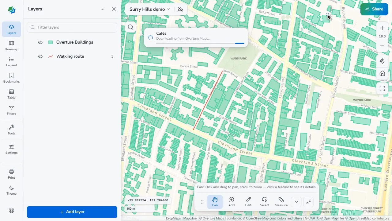 Overture buildings saved from open data, with cafés loading on top