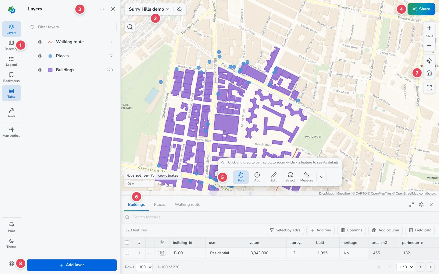 The DropMaps workspace with its eight areas numbered