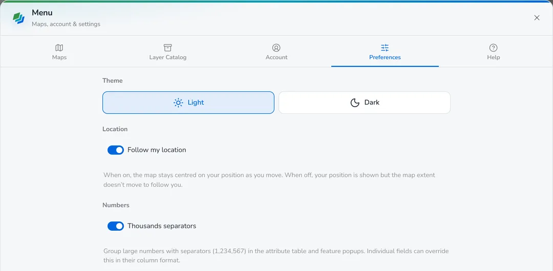 The Preferences tab: theme, location and number options