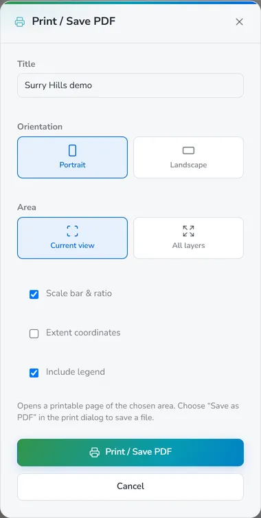 The Print / Save PDF dialog