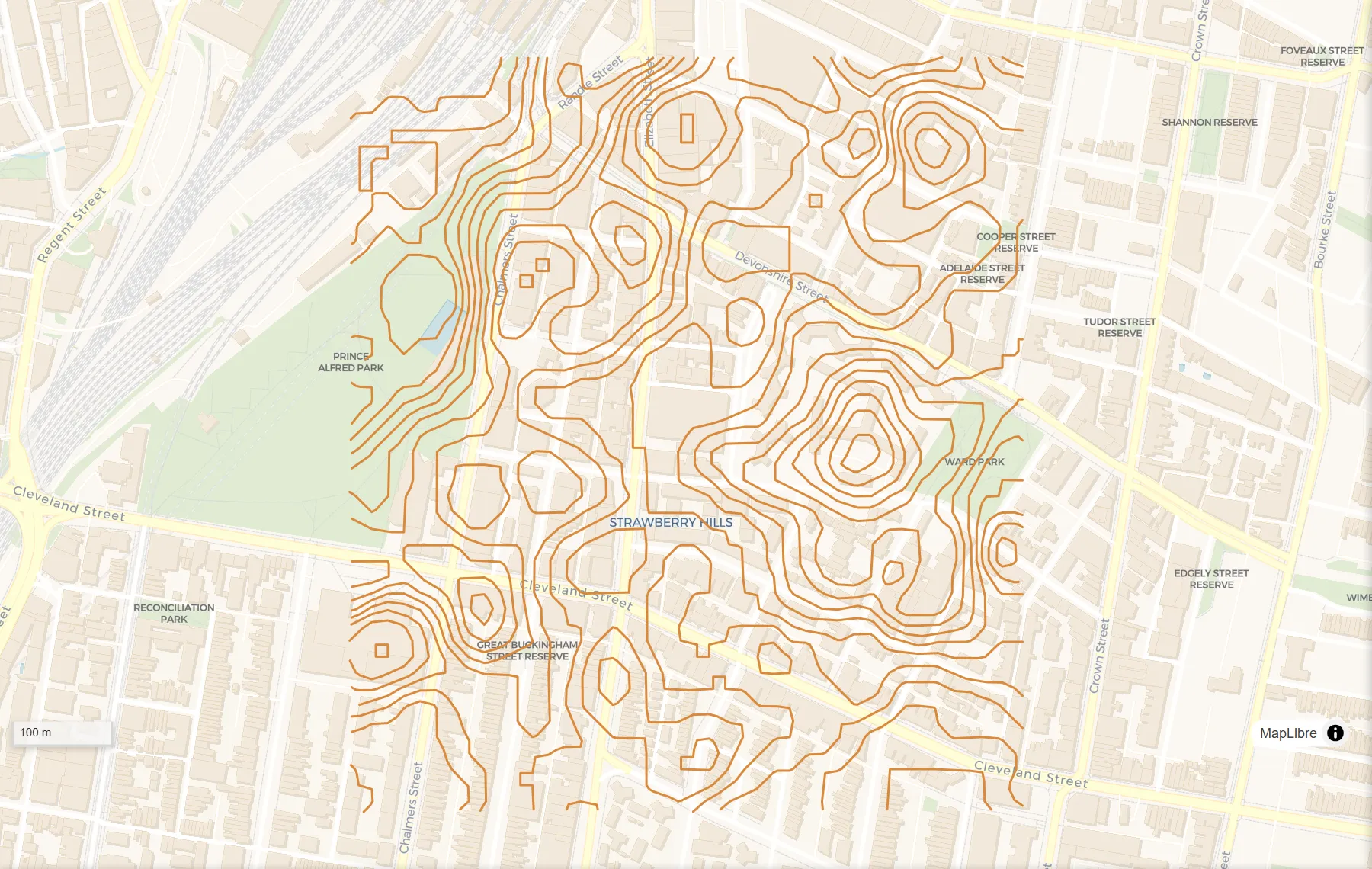 Simplify, before: Contour lines every 2 m, with lots of small bends.