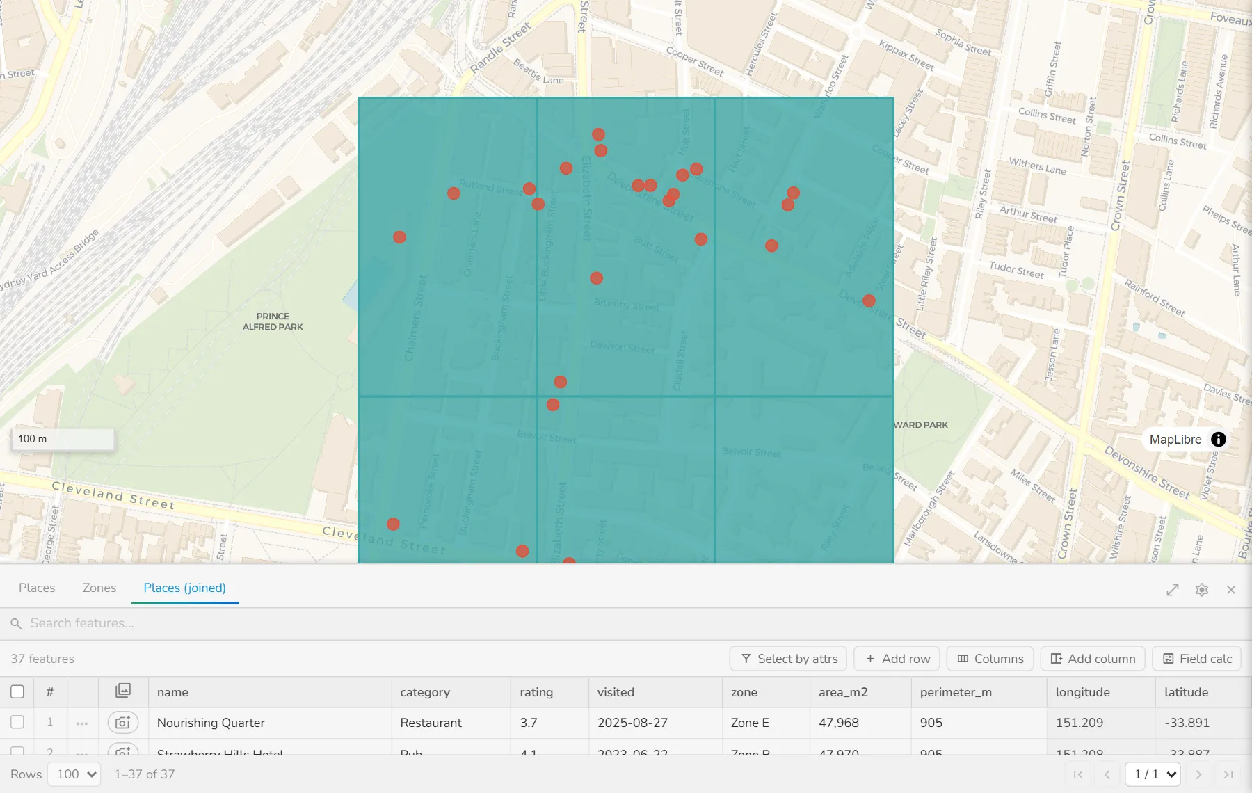 Join by location, after: Each place picks up the name of the zone it sits in (the zone column).