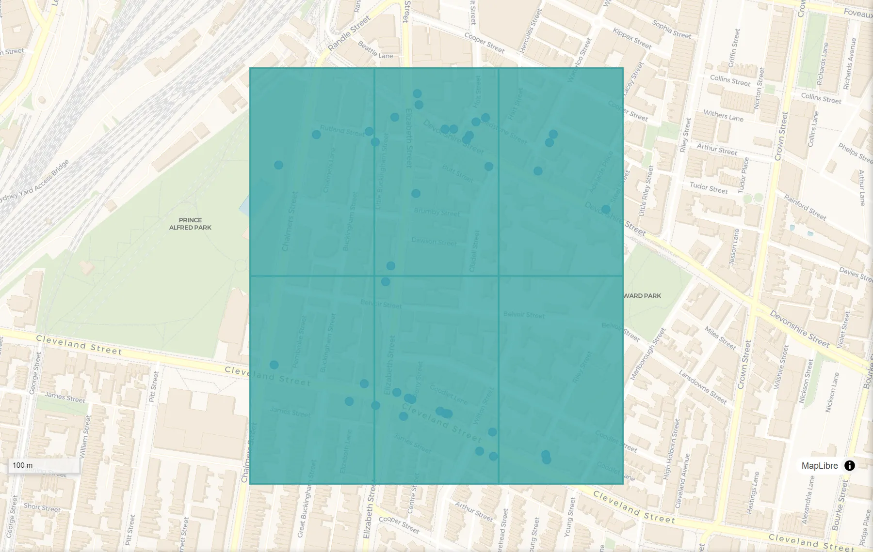 Join by location, before: A layer of places (points) and six zones (areas).